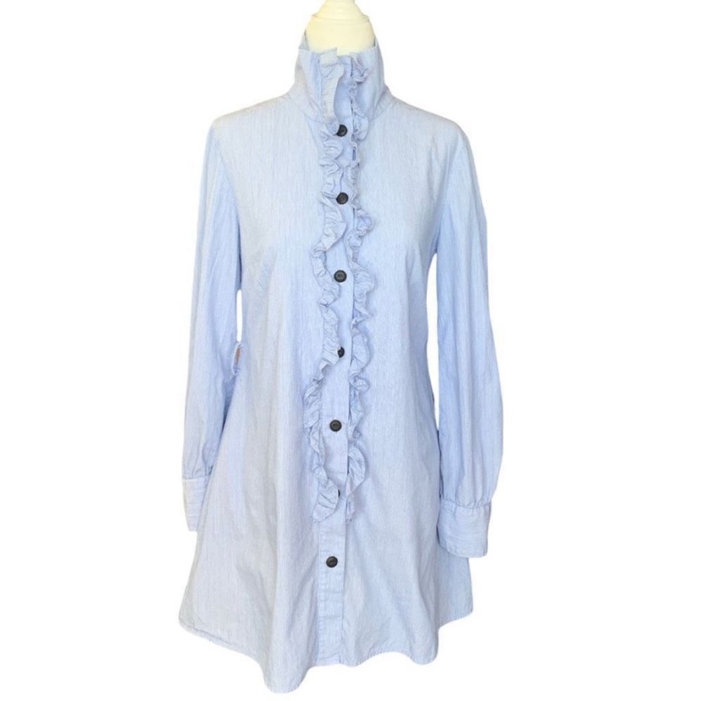 Anthropologie Blue Bird Shirting Ruffle Dress in Blue Chambray Size S.